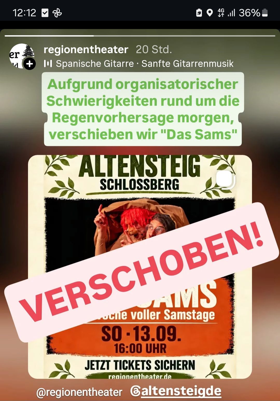 Instagram-Story des regionentheater mit Hinweis auf Verschiebung von „Das Sams“; Poster „Altensteig Schlossberg“ mit rotem „VERSCHOBEN!“-Banner.